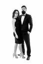 Woman elegant lady and bearded gentleman black tuxedo with bow tie. Formal event. Dress code rules. Party ceremony Royalty Free Stock Photo