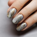 Delicate Gray And Gold Feather Nail Design With Detailed Foliage