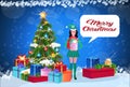 Woman elf costume holding gift box standing near fir tree happy new year merry christmas concept chat bubble flat Royalty Free Stock Photo