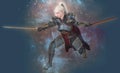 Woman elf warrior with swords on fantasy abstract background 3D illustration