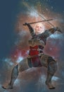 Woman elf warrior with swords on fantasy abstract background 3D illustration