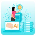 Woman embraces server with AI and Brain Icon Royalty Free Stock Photo