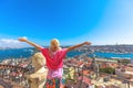 Woman embracing Istanbul cityscape view Royalty Free Stock Photo