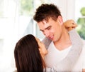 Woman embrancing her lover. Valenine`s day. Love time.. Royalty Free Stock Photo