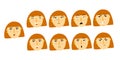 Woman emotion. Female character portrait with different expression, cute red head girl mood, face avatar, happy and sad, surprised Royalty Free Stock Photo