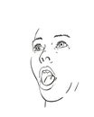 Woman emotion Vector sketch, Young female is looking up and feeling surprisingly scared with open mouth