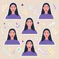 Woman emotional sticker pack. Human emotions. Young woman confusing, crying, smiling, scared, angry and laughing