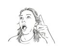 Woman emotionally pointing finger up Vector sketch, Young female is having brilliant idea or feeling surprisingly scared