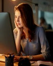 Woman, employee and office with computer at night for work with overtime and deadline for report. Female person, worker