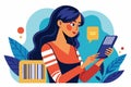 A woman is engaged in scanning a bar code with her smartphone, surrounded by vibrant colors, Woman with smartphone reads bar code Royalty Free Stock Photo