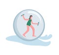 A woman engaged in zorbing. The concept of a zorbonaut
