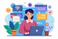 A woman engages in website hosting using her laptop, surrounded by plants and chat bubbles Woman hosting website, flat Royalty Free Stock Photo