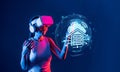 Woman Engaging with Virtual Reality Technology Simulating Cloud Computing and Home Automation Features in a Futuristic Royalty Free Stock Photo