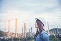 Woman engineer entrepreneur construction industry worker. Female engineer working refinery oil plant manufacturing. Young civil Royalty Free Stock Photo