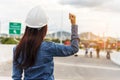 Woman engineer entrepreneur construction industry worker. Female engineer working refinery oil plant manufacturing. Young civil Royalty Free Stock Photo