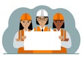 Woman engineer team and construction team holding a blank sheet of paper. Concept of builder, engineer, planner or