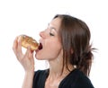 Woman enjoy donut. Unhealthy junk food concept Royalty Free Stock Photo