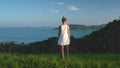 Woman enjoy fresh tropical island landscape view