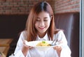 Woman enjoy her spaghetti in restaurant Royalty Free Stock Photo