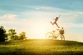 Woman enjoy holiday in the park. She was jumping with happiness