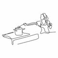 Woman enjoy making foods continuous one line drawing. Young beautiful girl wearing apron cooking some food at kitchen isolated on