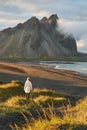 Woman enjoying amazing landscape at Stokksnes. Rear view of female tourist looking at famous Vestrahorn mountains in