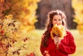 Woman enjoying autumn, portrait of a young woman with autumn leaves in the park on a sunny day, smiling and looking at the camera Royalty Free Stock Photo