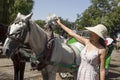 Woman enjoying the carriages of the Jamaa el Fna square, which is the central square of Marrakech, the most important place. Royalty Free Stock Photo