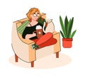 Woman enjoying coffee in comfy chair, cartoon vector illustration isolated. Royalty Free Stock Photo