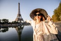 Woman enjoying Eiffel tower in Paris Royalty Free Stock Photo