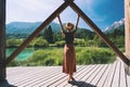 Woman enjoying freedom on nature outdoors. Travel Slovenia Europe Royalty Free Stock Photo