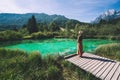 Woman enjoying freedom on nature outdoors. Travel Slovenia Europe Royalty Free Stock Photo