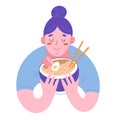 Woman enjoying her ramen, illustration of cute character holing a bowl with hot japanese noodle soup, traditional dish Royalty Free Stock Photo