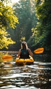 Woman enjoying kayaking on serene river with breathtakingly beautiful natural scenery