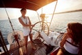 Woman enjoying on luxury boat at sunset on vacation