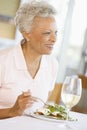 Woman Enjoying meal, Mealtime With A Glass Of Wine Royalty Free Stock Photo