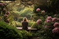 Woman enjoying moment of solitude in tranquil garden. Generative AI