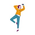 Woman enjoying music from phone app flat cartoon vector illustration isolated.
