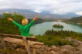 Woman enjoying panoramic view of Lake Bled, Slovenia. Royalty Free Stock Photo