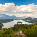 Woman enjoying panoramic view of Lake Bled, Slovenia. Royalty Free Stock Photo