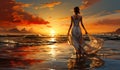 A woman enjoying a peaceful sunset walk along the beach. A painting of a woman walking on the beach at sunset Royalty Free Stock Photo