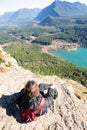 Woman enjoying rewarding view of Rattlesnake Ledge Trail Royalty Free Stock Photo