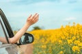 Woman enjoying ride in a car through countryside landscape in summer, hand reaching out the window Royalty Free Stock Photo
