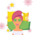 Woman enjoying spa facial treatment, vector illustration. Wellness center relaxing procedure, professional skin care