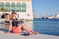 Woman Enjoying The Summer Day Portrait Limassol, Cyrpus. Port View. Vintage Styles