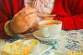 Woman Enjoying Tomato Soup, St. Andrews, Scotland, Uk. Royalty Free Stock Photo