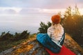 Woman enjoying view with bivouac gear travel vacations girl hiking solo in mountains camping outdoor Royalty Free Stock Photo