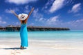 Woman enjoys her tropical beach vacation on the Maldives islands Royalty Free Stock Photo