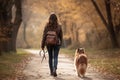 A woman enjoys a leisurely walk down a path, accompanied by her faithful canine companion, woman walking with her dog in park, AI