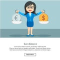 Woman enterpreneur with balance of euro and dollar Royalty Free Stock Photo